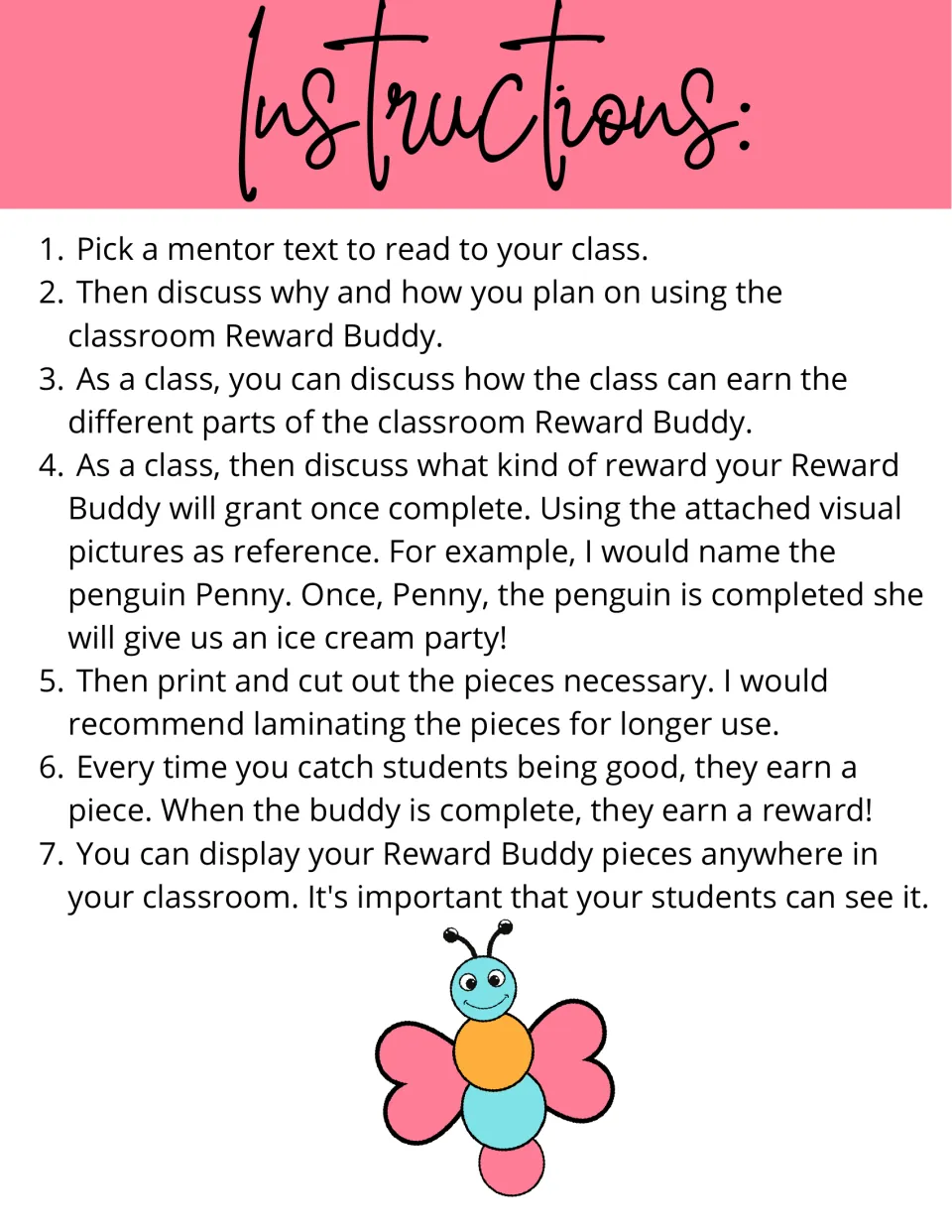 Reward Buddy setup steps: read a mentor text, agree on how pieces are earned, pick a reward, then cut and display parts