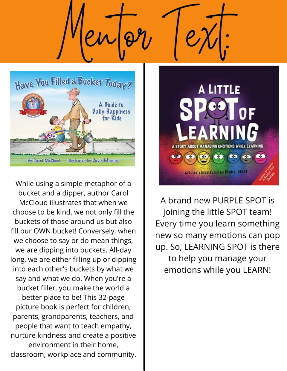 Mentor text suggestions: Have You Filled a Bucket Today? and A Little SPOT of Learning, each with a book cover and summary