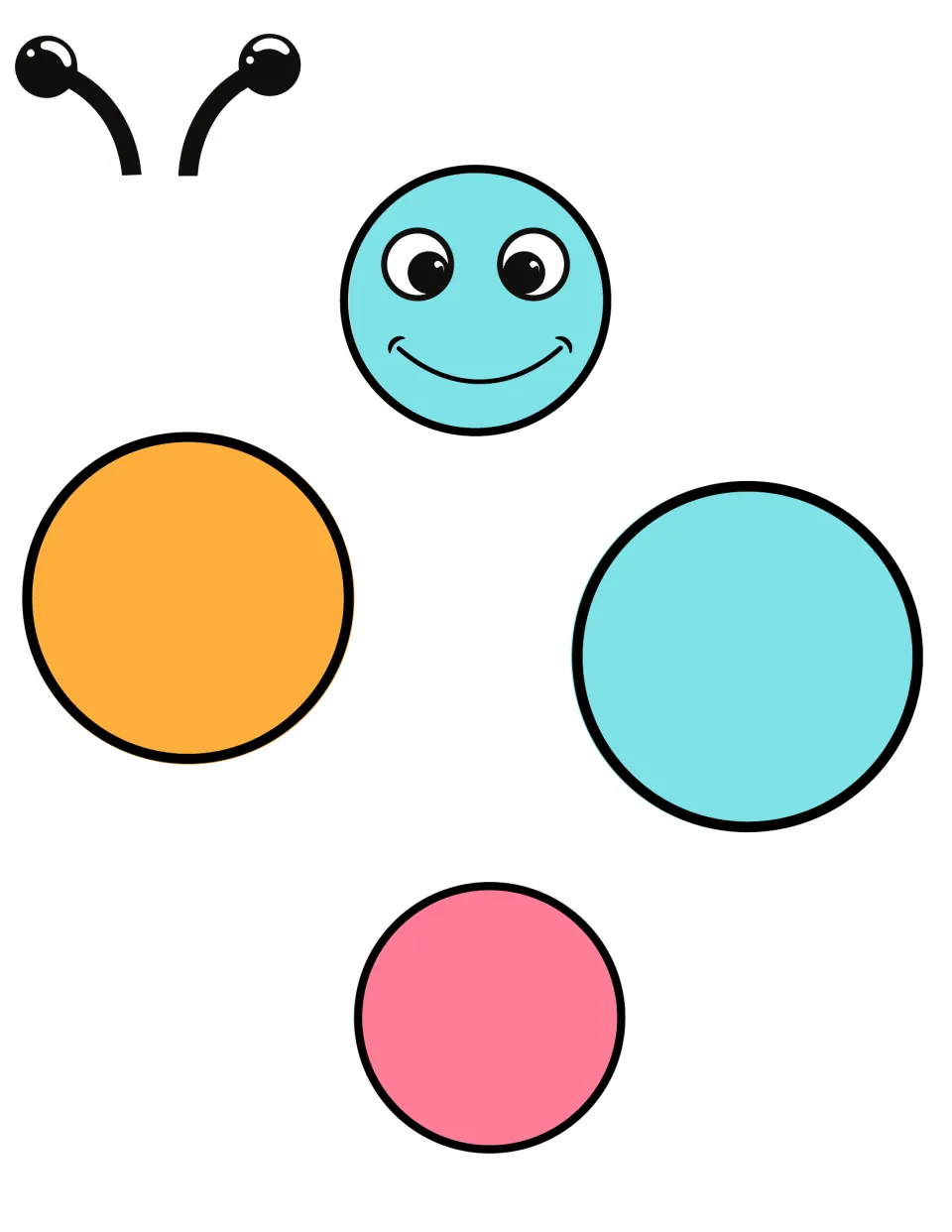 Butterfly cut-out pieces: smiling blue head, black antennae, orange and blue body circles and a small pink tail circle