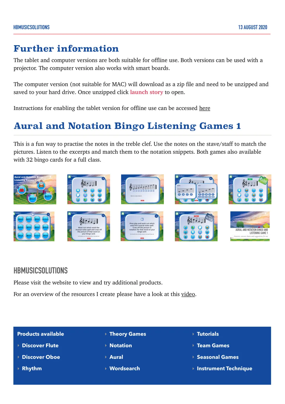Setup notes and game overview: match treble clef notes on the staff to pictures and listening excerpts to notation
