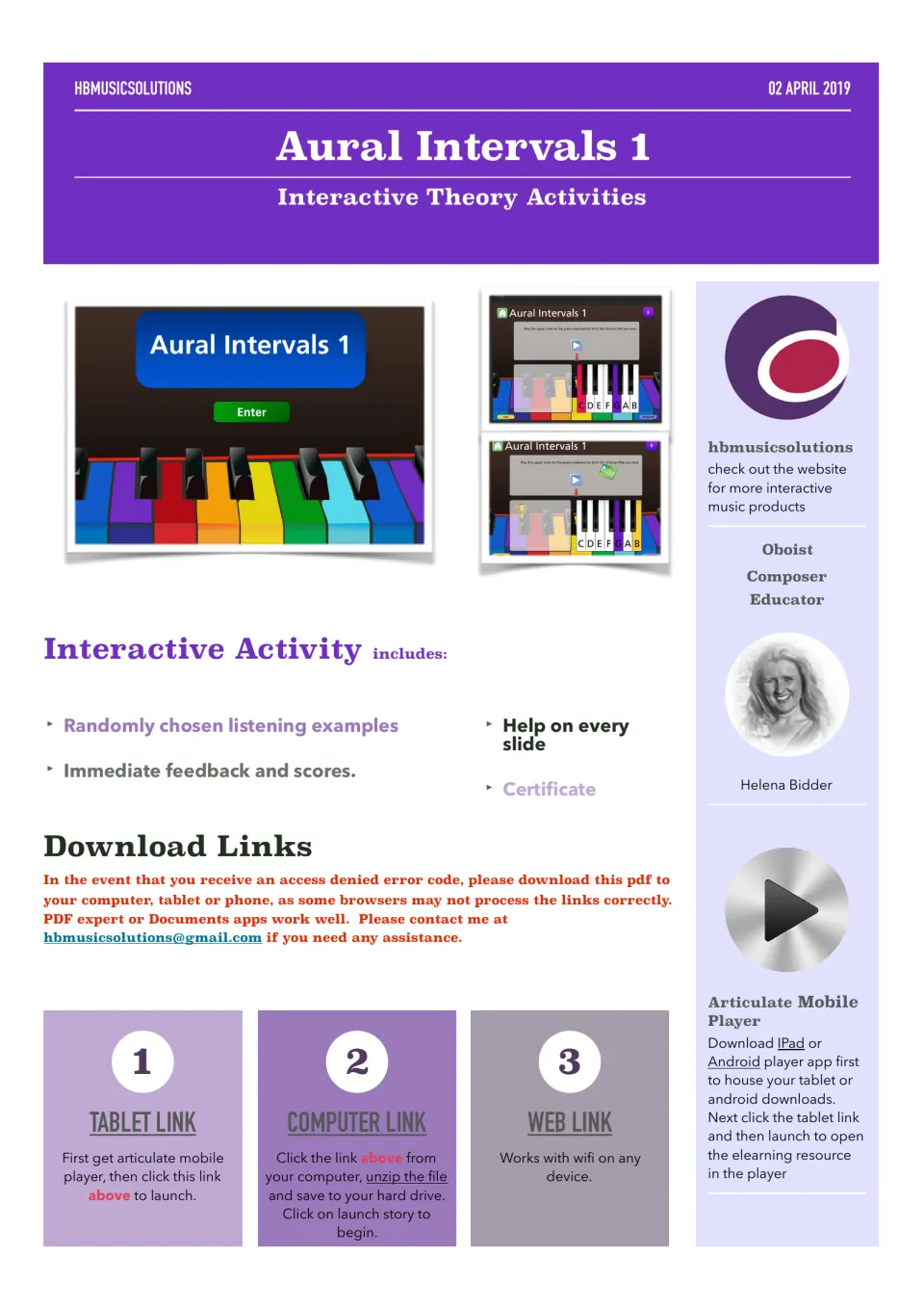 Aural Intervals 1 cover: piano keyboard screenshots of an interactive listening game, plus tablet, computer and web links