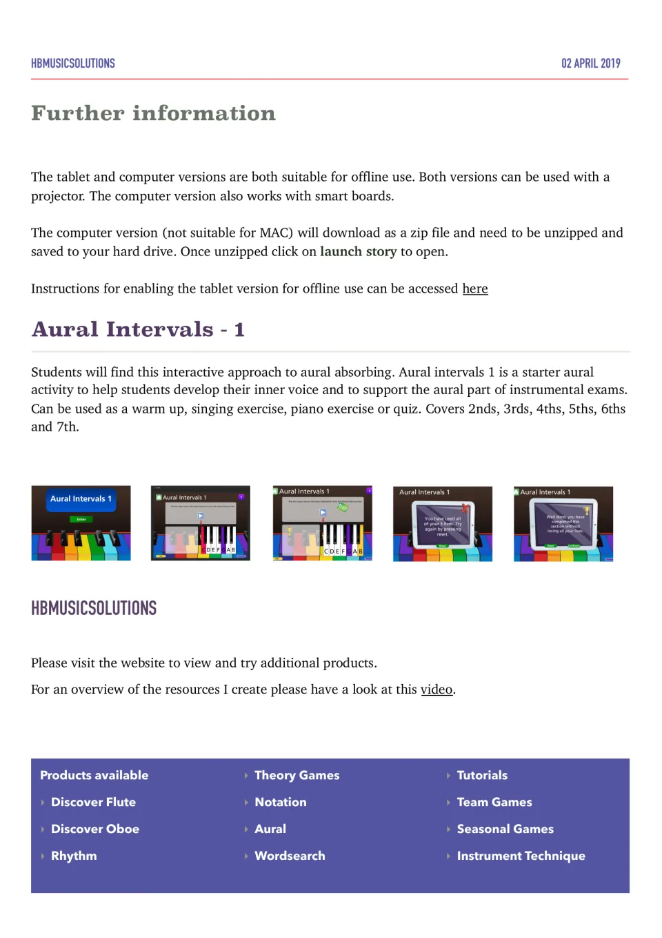 Aural interval listening activity covering 2nds to 7ths, with offline and projector setup notes and five game screenshots