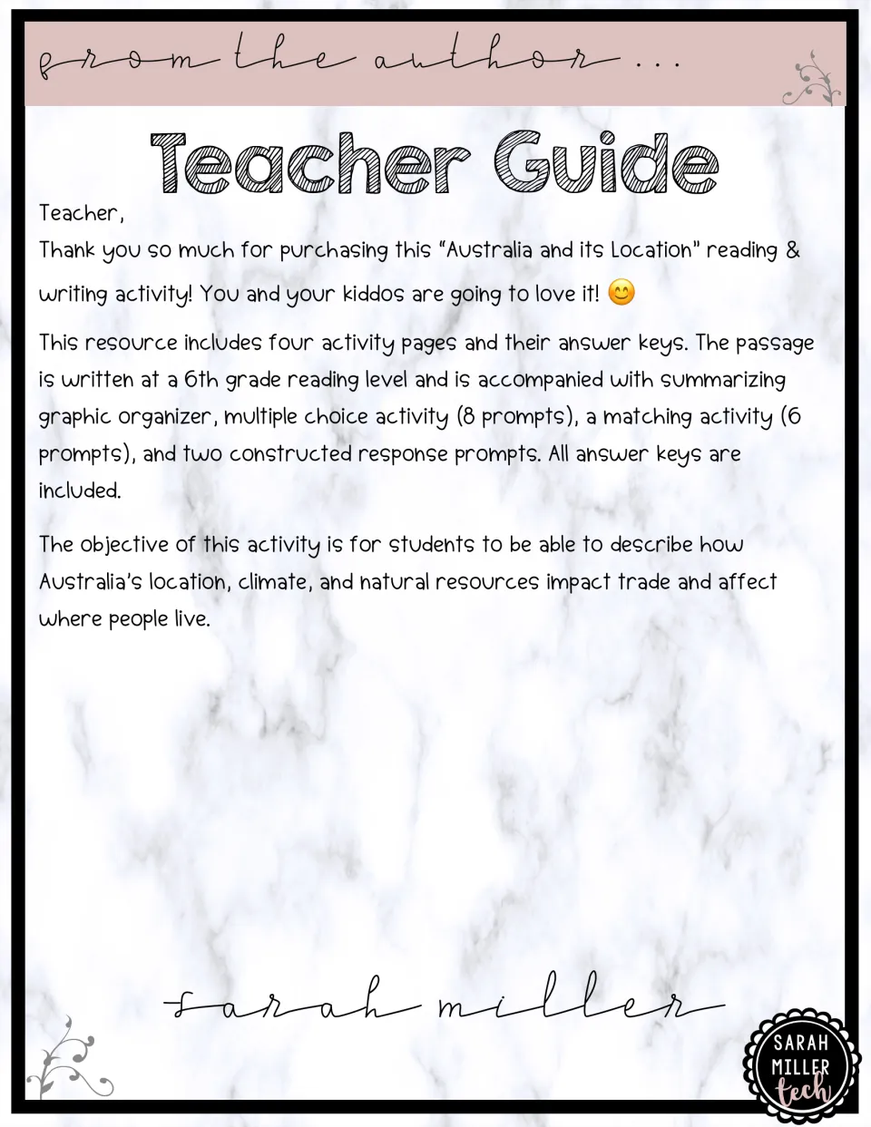 Teacher guide outlining the Australia passage, summary organizer, vocabulary matching, and comprehension prompts