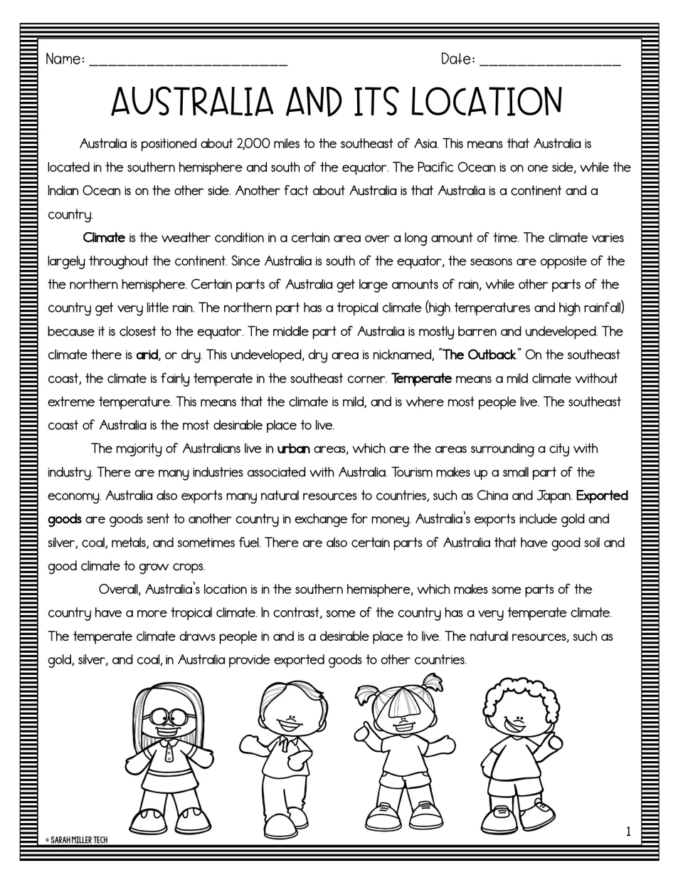 Reading passage about Australia's location, regional climates, population, natural resources, and exports