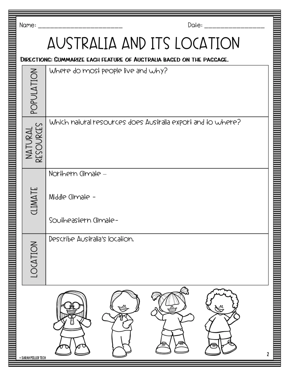 Summary organizer asking about Australia's population, exported resources, regional climates, and location