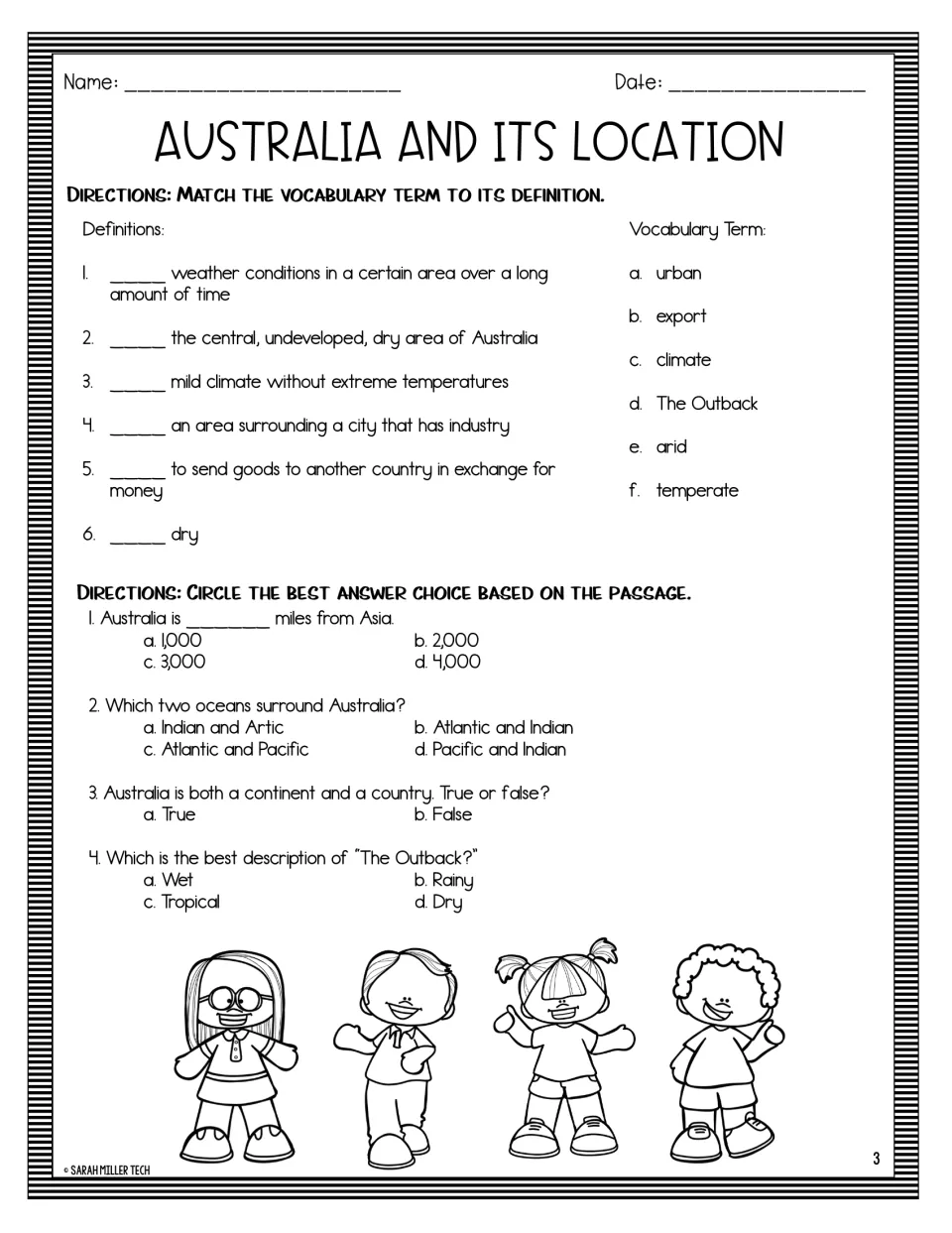 Six vocabulary matches and questions 1–4 about Australia's distance from Asia, oceans, and the Outback