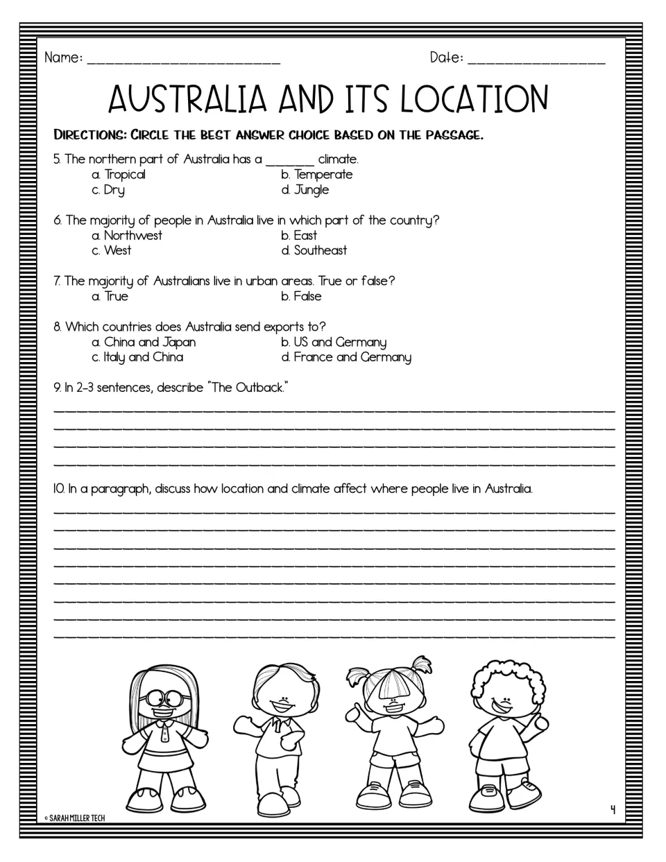 Australia questions 5–8 on climate, population, and exports, plus two writing prompts on the Outback and settlement
