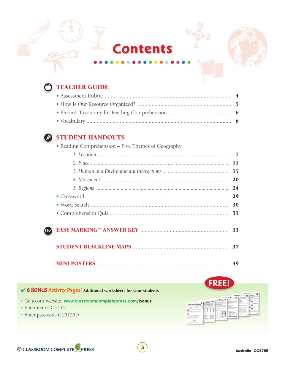 Contents lists teacher guidance, five geography themes, puzzles, a quiz, an answer key, maps, and posters