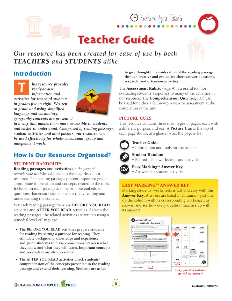 Teacher guide explains reading passages, before- and after-reading activities, assessment, and answer key use
