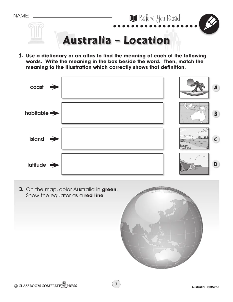 Location prereading tasks ask students to define coast, habitable, island, and latitude, then color a map