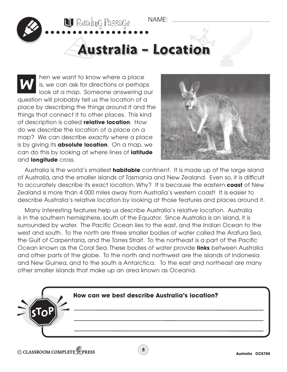 Location reading passage explains absolute and relative location, latitude, longitude, and nearby waters