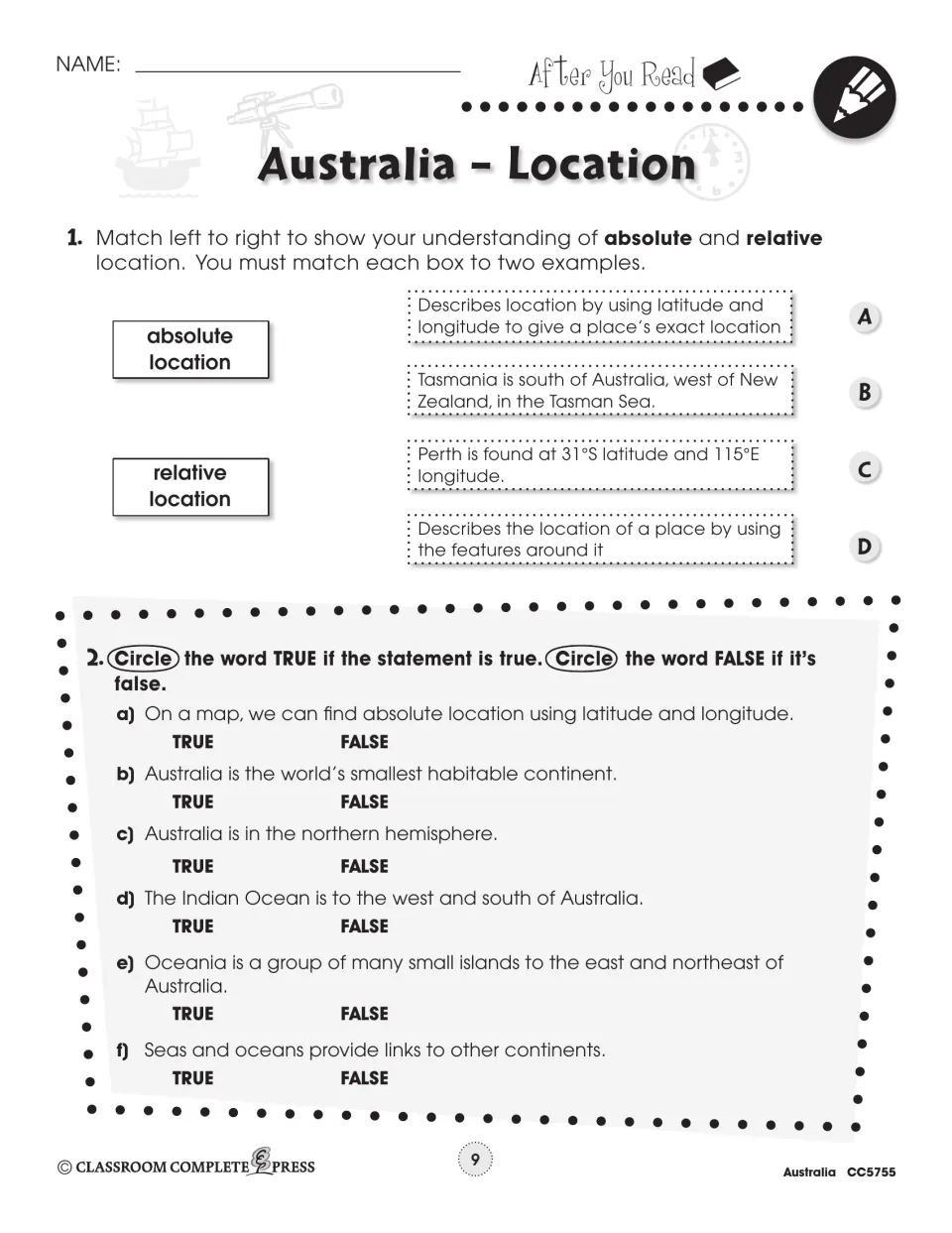 Location review includes absolute and relative location matching and six true-or-false geography statements