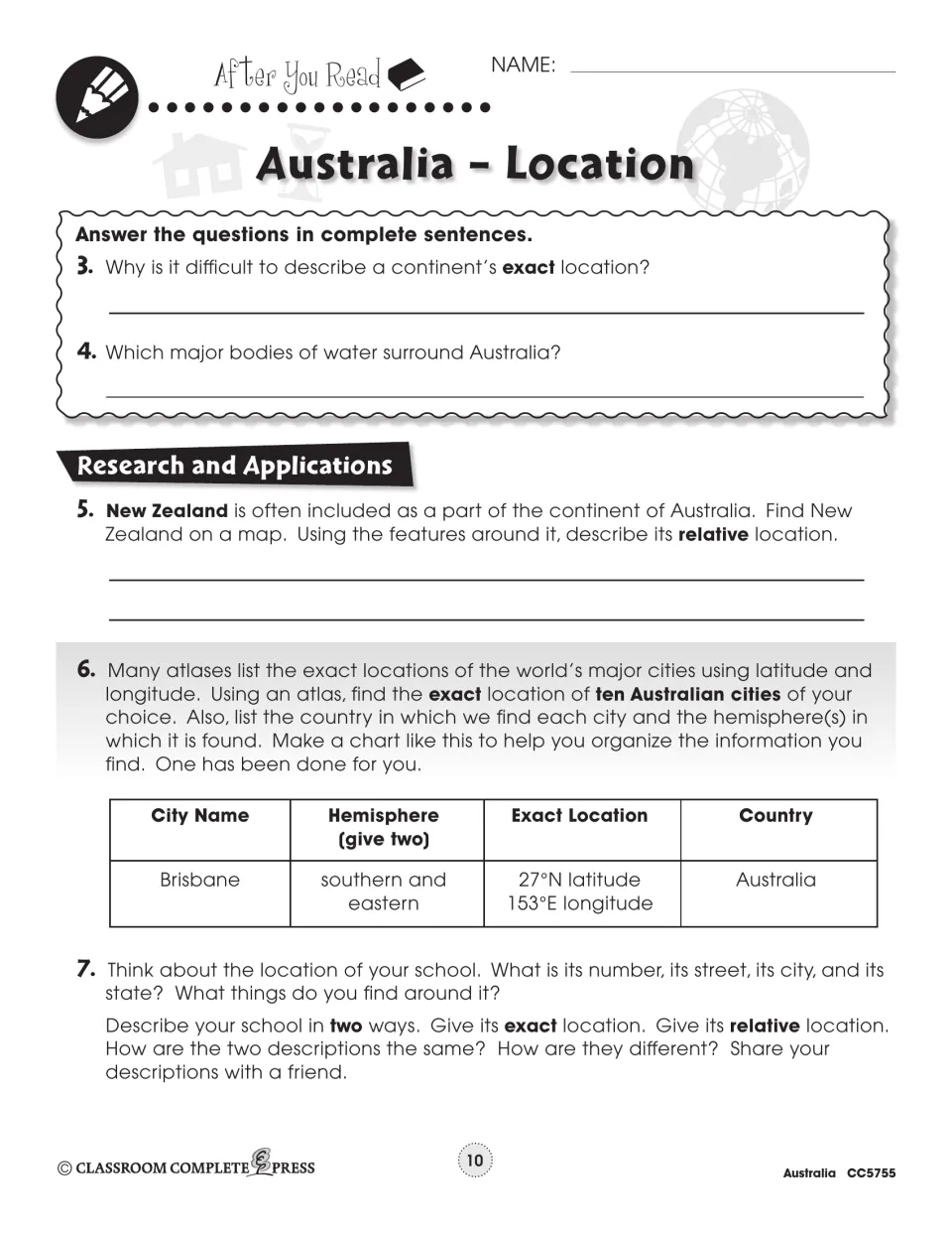 Location follow-up asks about surrounding waters, New Zealand, ten Australian cities, and school location