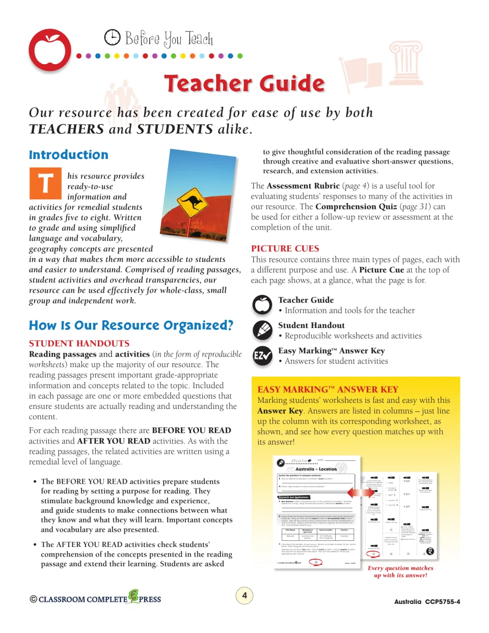 Teacher guide explains reading passages, before- and after-reading activities, picture cues, and the answer key
