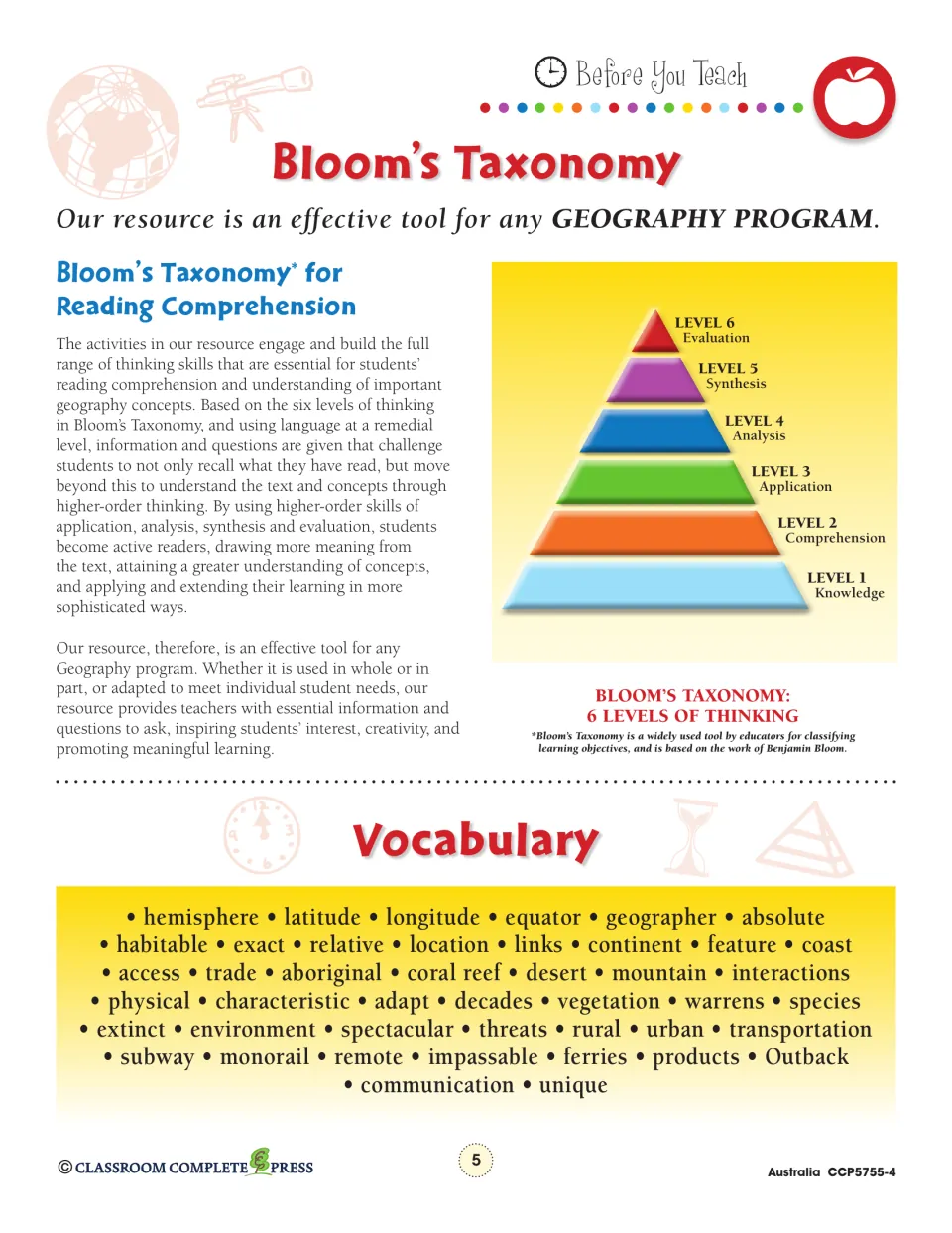 Teacher reference explains six levels of Bloom’s Taxonomy and lists geography vocabulary, including transportation