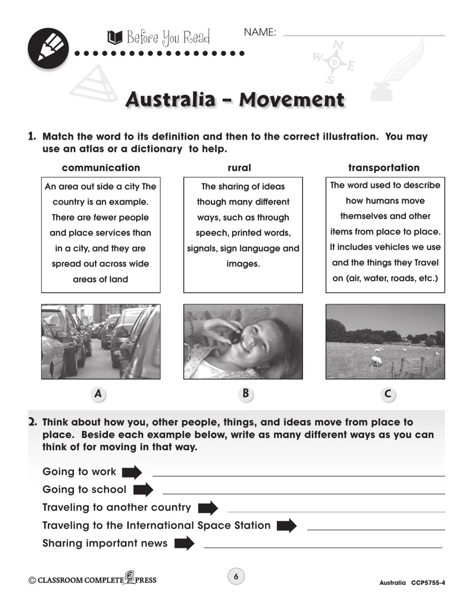 Before-reading activity matches communication, rural, and transportation to definitions and photos, then lists ways to move