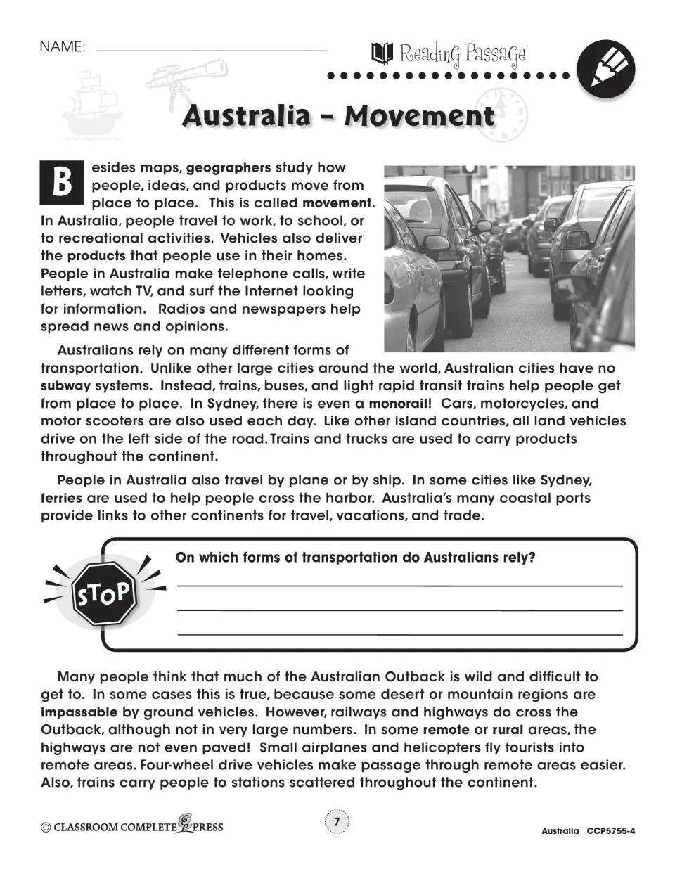 Reading passage introduces movement of people, ideas, and products through Australian transport and communication