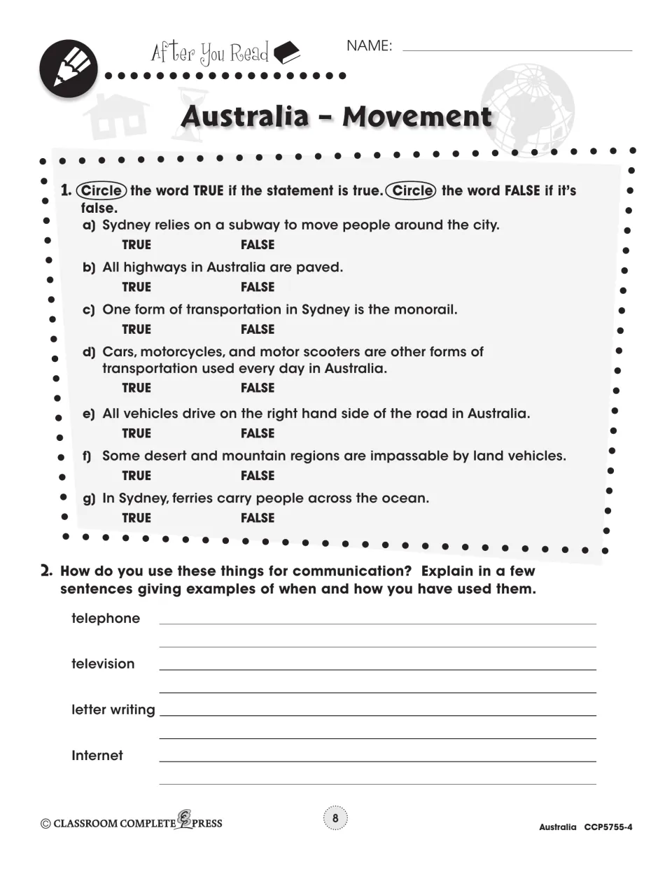 After-reading practice checks seven transport statements and asks how students use four communication methods