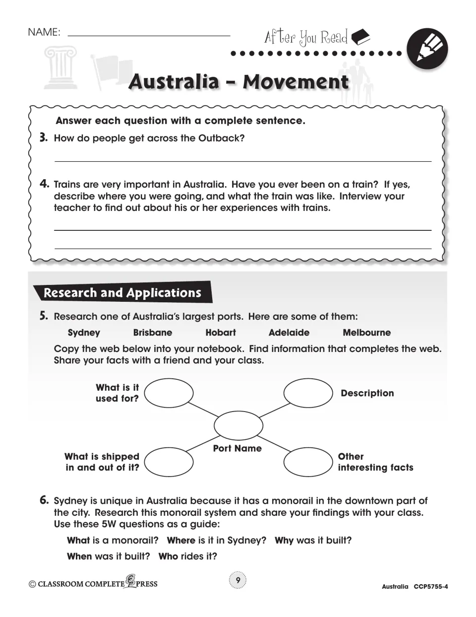 Follow-up questions cover Outback travel, train experiences, port research, and research on Sydney’s monorail