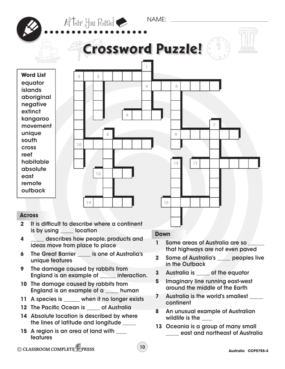 Geography crossword reviews 16 words, including movement, equator, kangaroo, remote, reef, and Outback