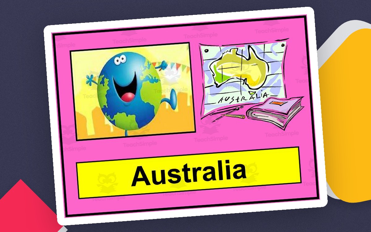 Australia PowerPoint cover with an Australian map, flag, koala, kangaroo, outback image, and 18-slide label.