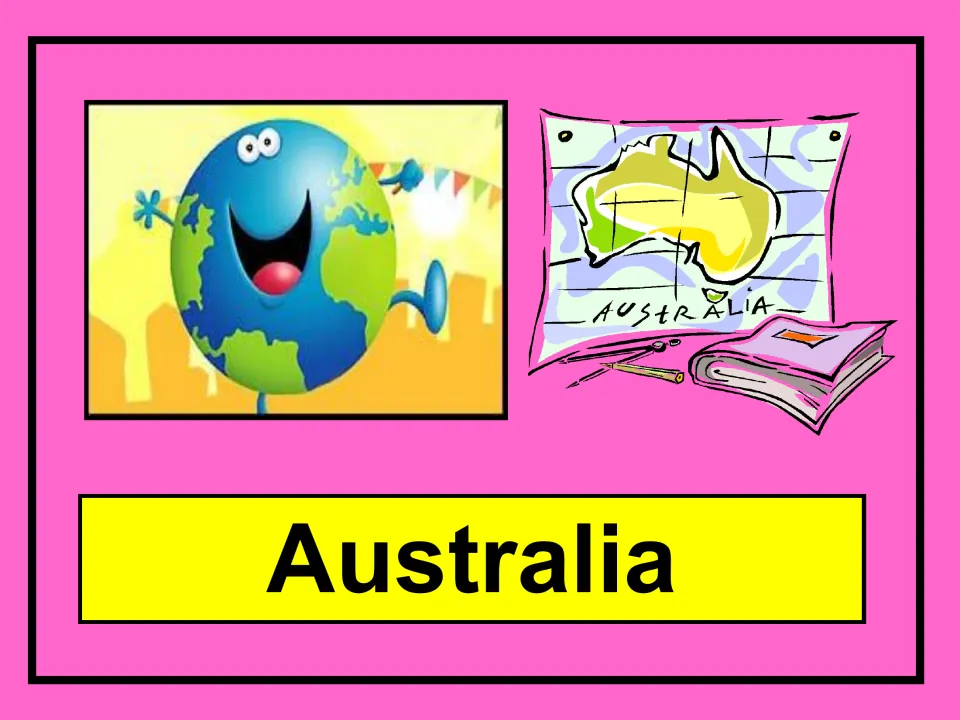 Australia title slide showing a smiling cartoon globe and a hand-drawn map of Australia beside a book and compass