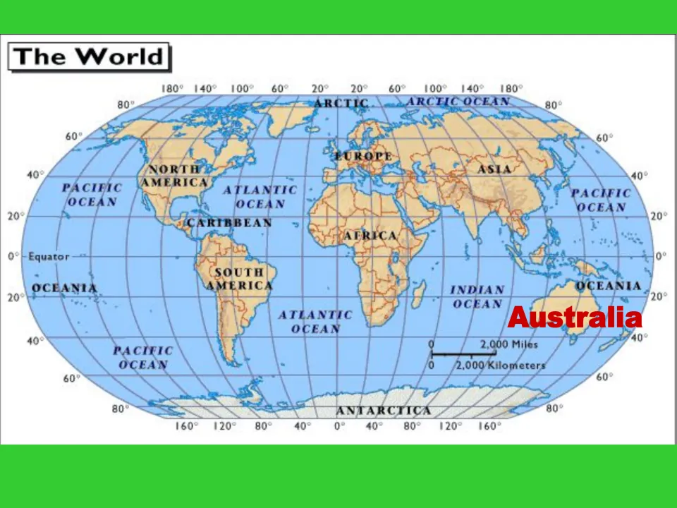 The World map with continents and oceans labeled and Australia marked in red, for locating Australia on the globe