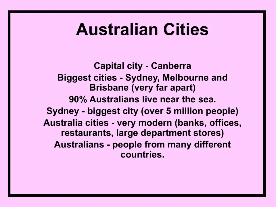 Australian Cities facts: Canberra is the capital, Sydney is the largest city, and 90% of Australians live near the sea