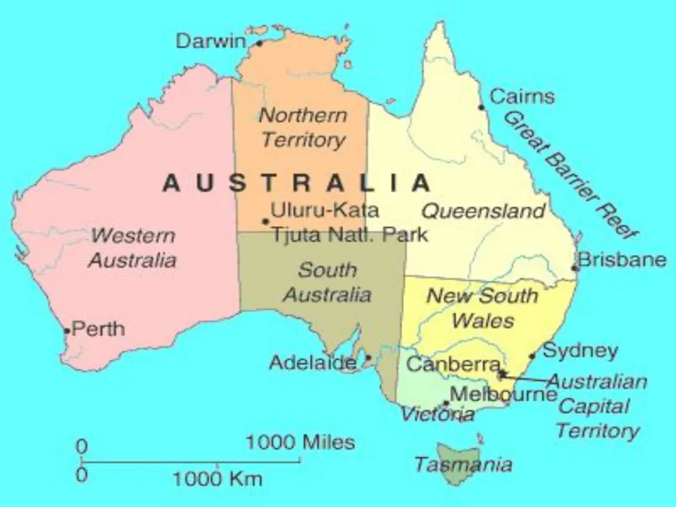 Map of Australia's states and territories labeling Perth, Darwin, Sydney, Canberra, Uluru and the Great Barrier Reef