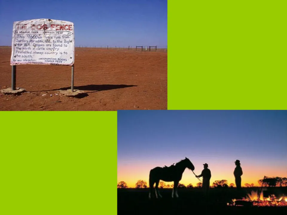 Outback photos: The Dog Fence sign on red desert ground and silhouettes of a horse and two people at sunset by a fire