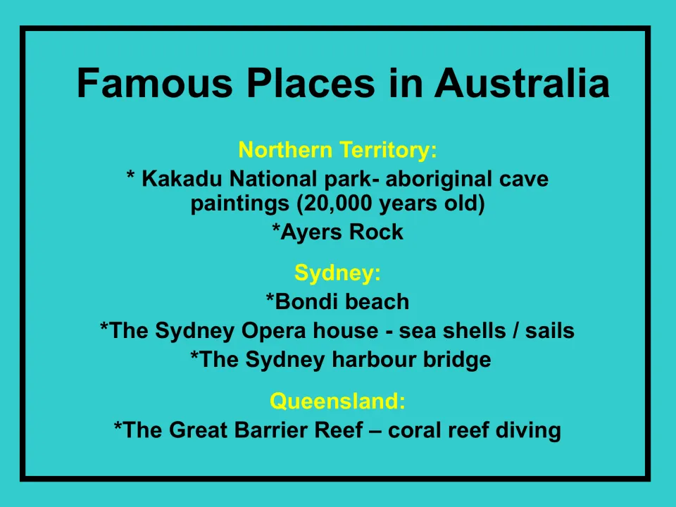 Famous Places in Australia by region: Kakadu and Ayers Rock, Bondi Beach and the Opera House, and the Great Barrier Reef