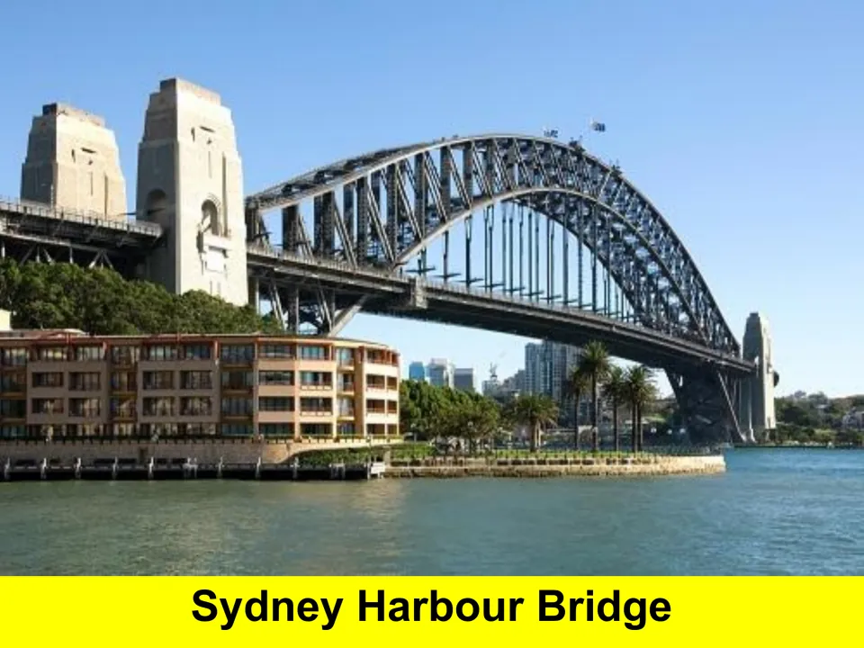 Sydney Harbour Bridge photo showing the steel arch bridge and stone pylons over the water beside waterfront buildings