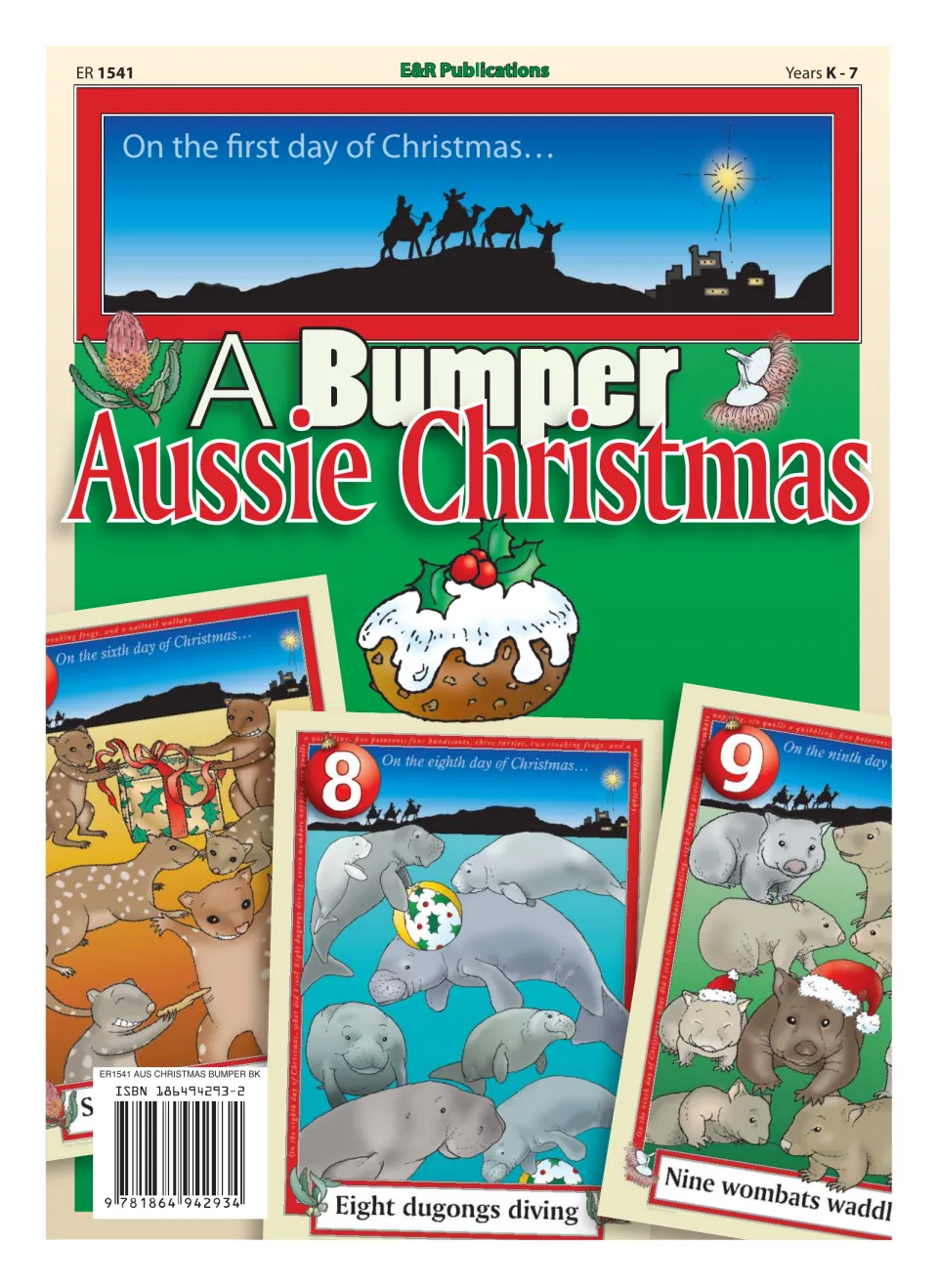 Cover of A Bumper Aussie Christmas, showing sample activities featuring eight dugongs and nine wombats