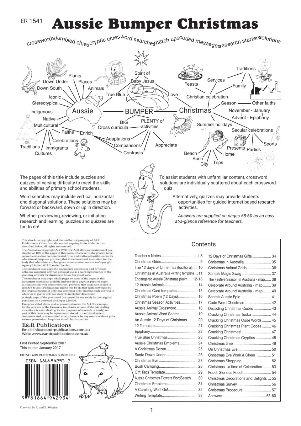 Introduction and contents for the Christmas activity book, listing teacher notes, puzzles, templates, and answers