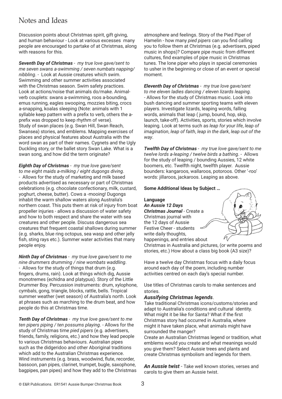 Teacher notes for Christmas days seven through twelve include dugongs, wombats, possums, and journal ideas