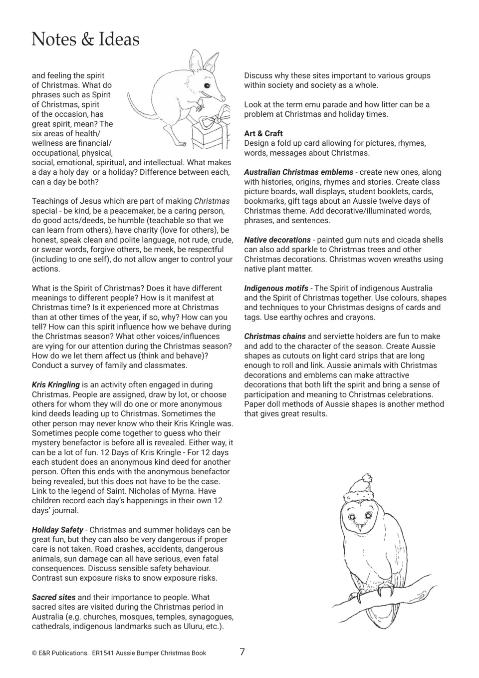 Teacher notes explore Christmas spirit, anonymous kind deeds, holiday safety, and Australian Christmas crafts