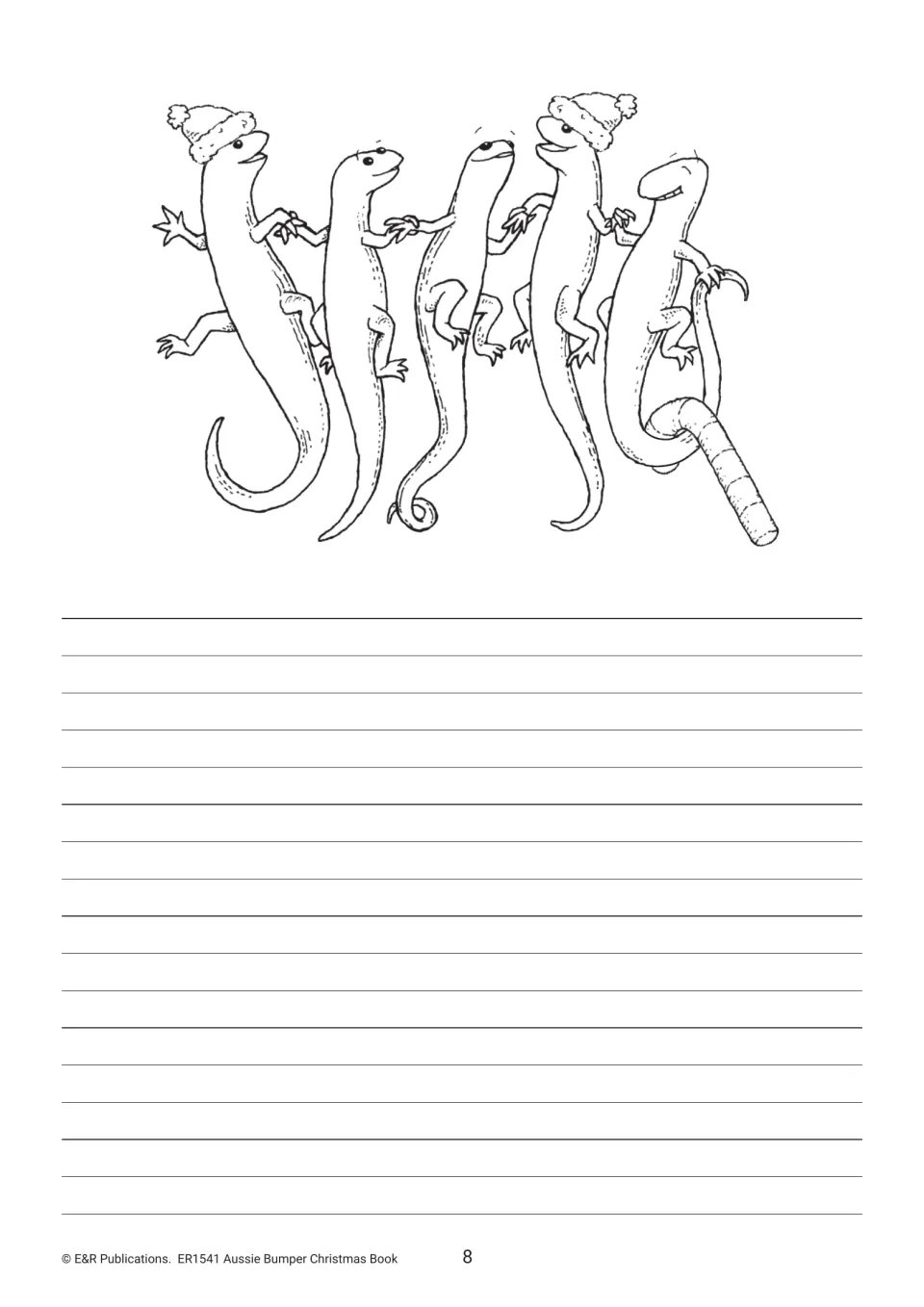Illustrated writing page in the Australian Christmas activity book features five lizards above space to write