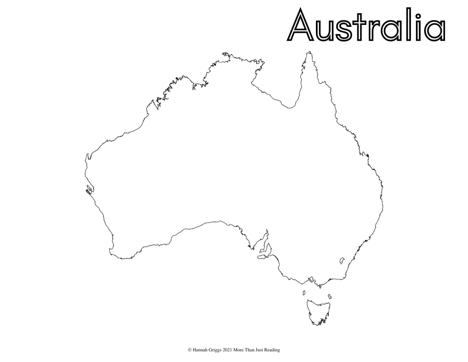Australia map to color: students color the shape of the continent and Tasmania under the bubble-letter word Australia