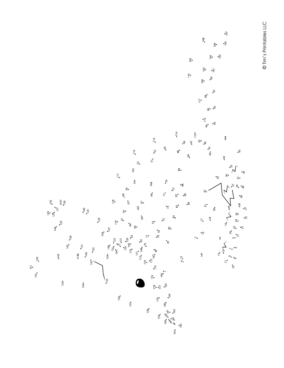 Animal dot-to-dot printed sideways: students join dots 1 to 184 in number order to reveal the drawing