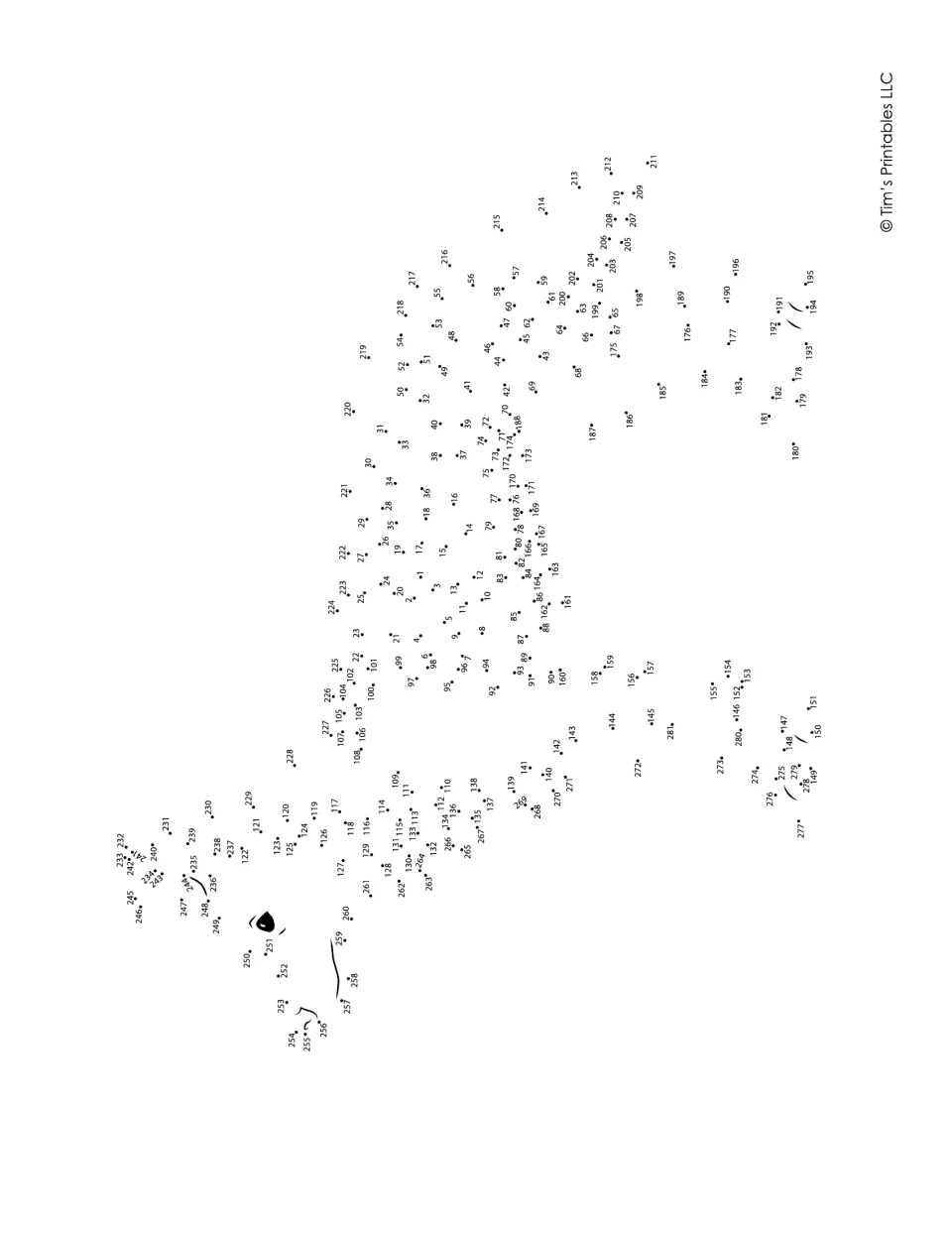 Sideways dot-to-dot numbered 1 to 281: students connect the dots in order to finish an animal with a long tail