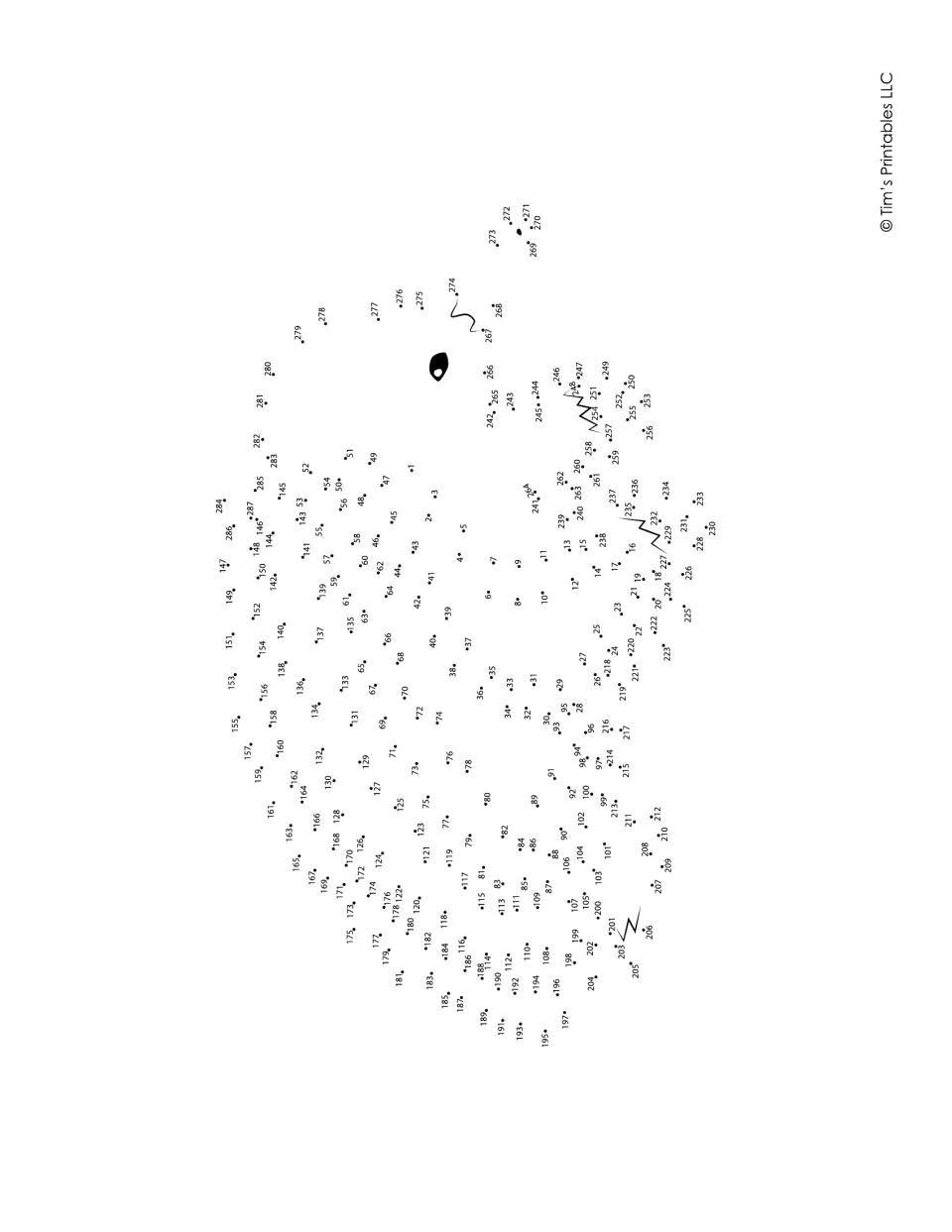 Rounded animal dot-to-dot printed sideways: students connect dots 1 to 287 in number order around the body