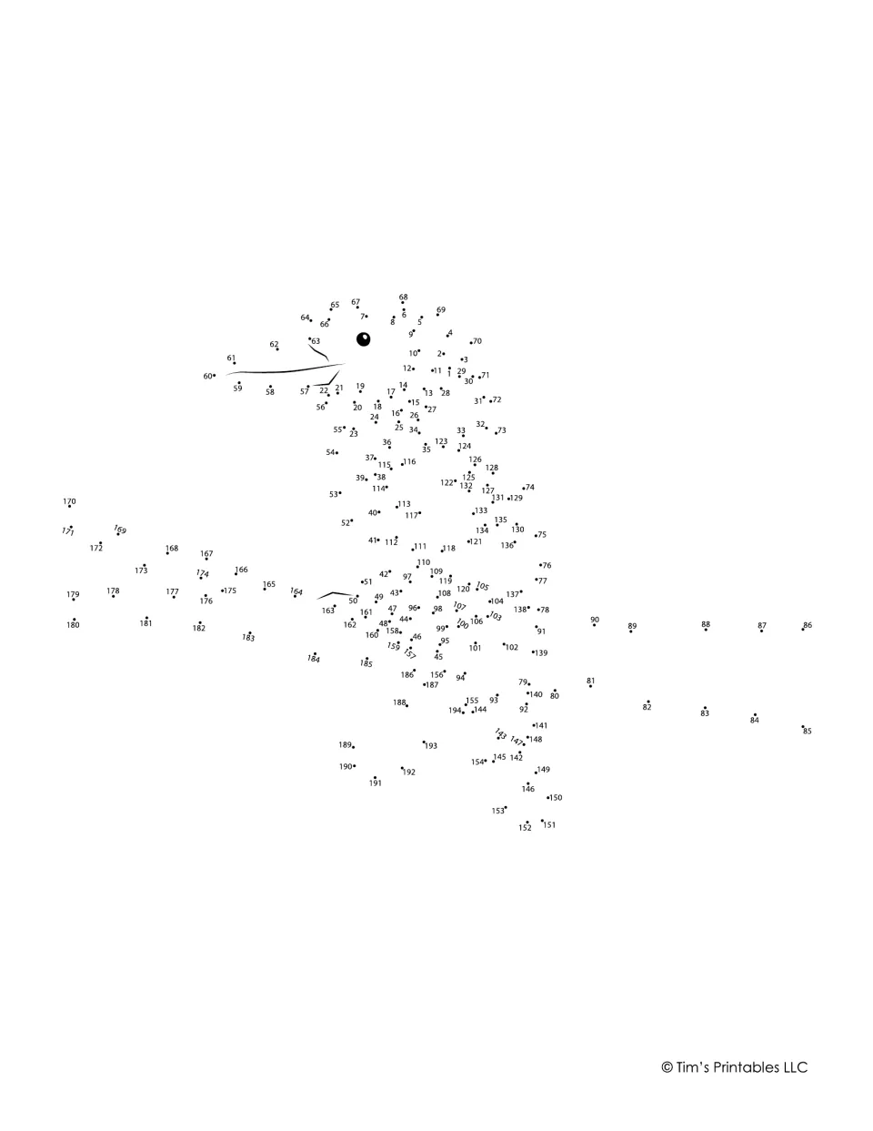 Dot-to-dot numbered 1 to 194: students connect the dots to reveal an animal with a wide mouth and outstretched sides