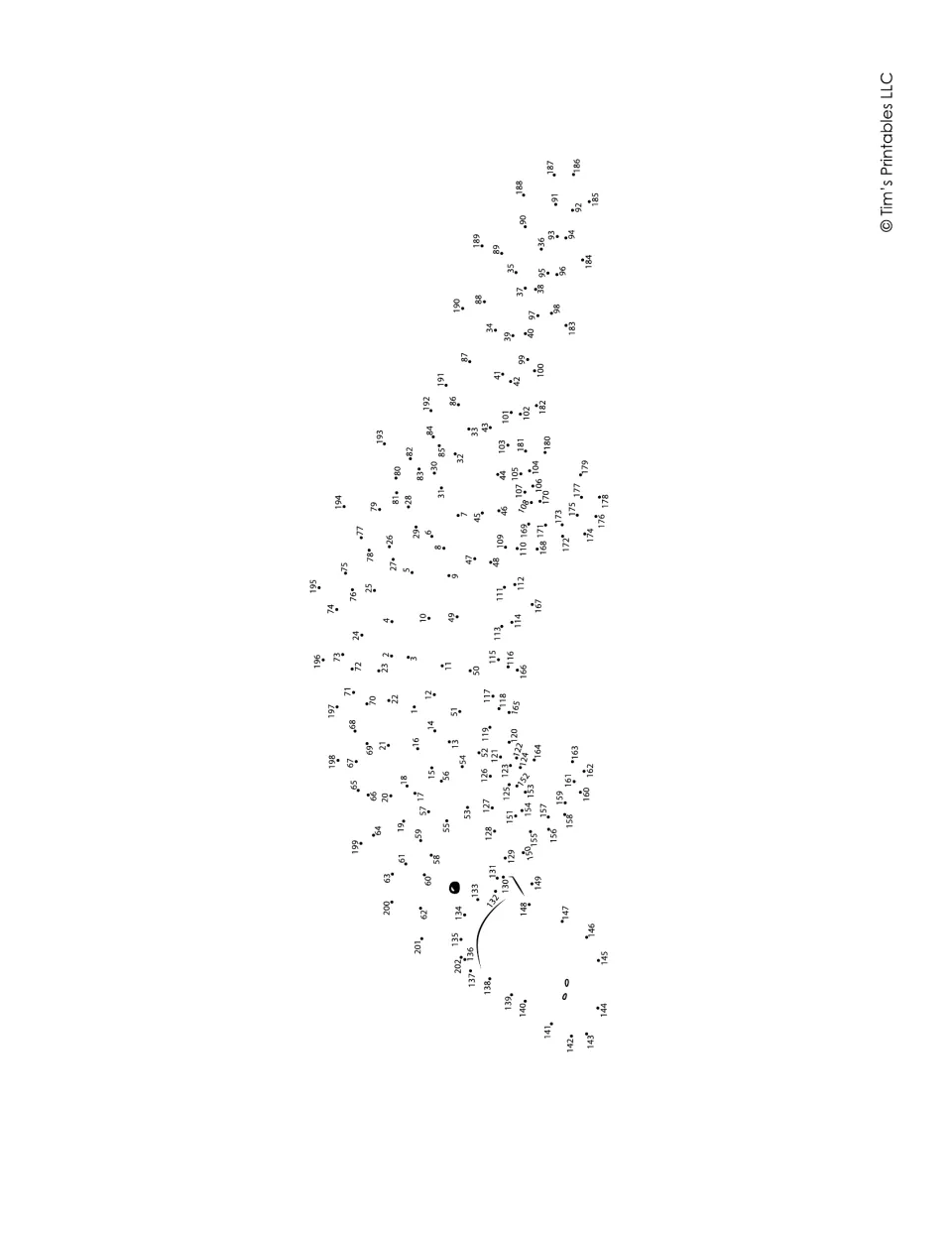 Long, low animal dot-to-dot printed sideways: students join dots 1 to 202 from the head along the body
