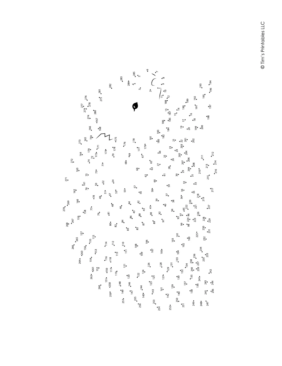 Round-bodied animal dot-to-dot numbered 1 to 285, printed sideways: students join the dots in order around it
