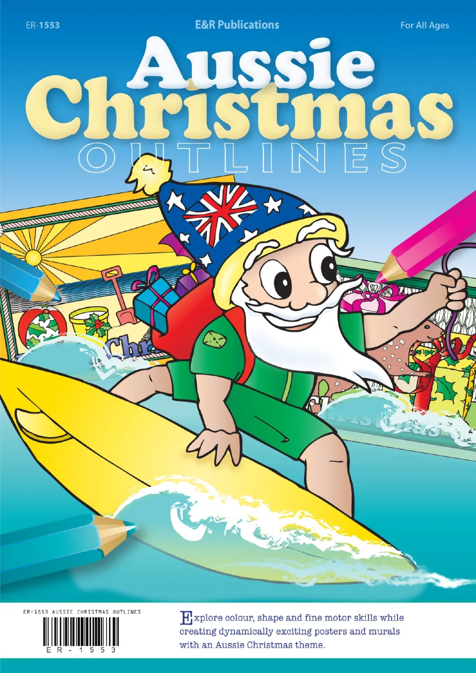 Aussie Christmas Outlines cover: Santa in a flag-print hat surfs a yellow board beside colouring pencils and a beach scene