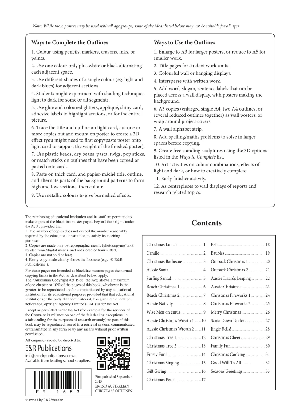 Teacher notes: 9 ways to complete and 12 ways to use the outlines, plus copying permissions and a 33-title contents list