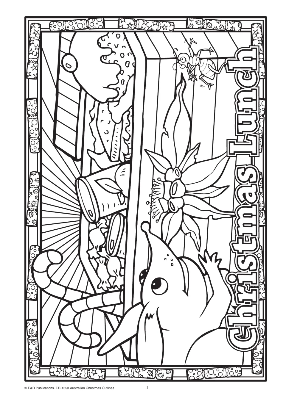 Christmas Lunch outline: a long-nosed animal eyes a table of pudding, lollies and gum blossoms while a spider hangs above