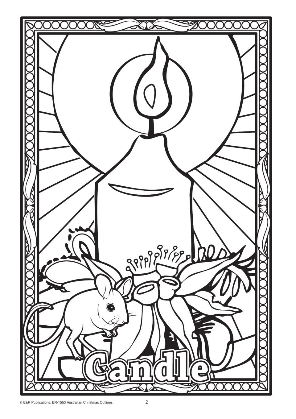 Candle outline to colour: a lit Christmas candle glowing against sun rays, with a mouse and gum blossoms at its base