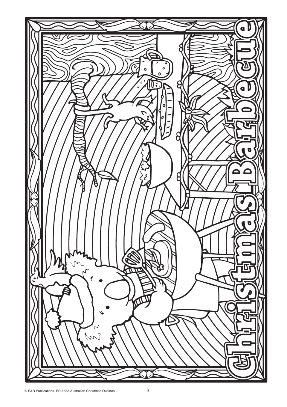 Christmas Barbecue outline: a koala in a Santa hat cooks sausages on a barbecue while a small animal nibbles at the table