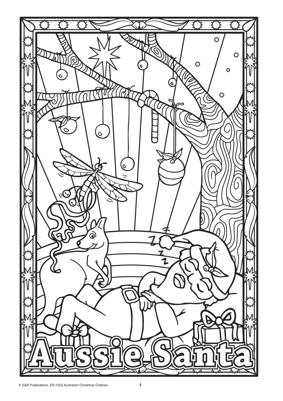 Aussie Santa outline: Santa asleep under a decorated gum tree beside gifts, with a kangaroo and a dragonfly nearby